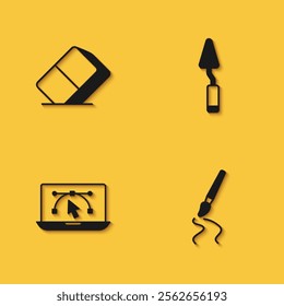 Set Eraser or rubber, Paint brush, Computer with design program and Palette knife icon with long shadow. Vector