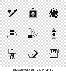 Set Eraser or rubber, Paint spray can, bucket, Color palette guide, brush, Picture and Inkwell icon. Vector