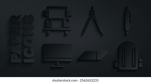 Set Eraser or rubber, Pen, Computer monitor screen, School backpack, Drawing compass and Bus icon. Vector