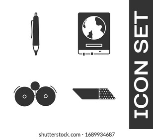Set Eraser or rubber, Pen, Ringing alarm bell and World map on a school blackboard icon. Vector