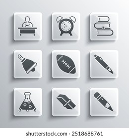 Set Eraser or rubber, Pencil with eraser, Marker pen, American football ball, Test tube and flask, Ringing bell, Schoolboy sitting at desk and Book icon. Vector