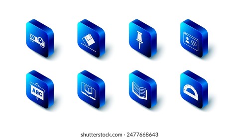 Set Eraser or rubber, Push pin, Online class, Protractor grid, Open book, Chalkboard and Movie, film, media projector icon. Vector