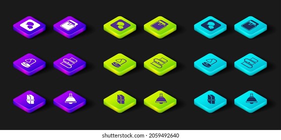 Set Eraser or rubber, Ringing bell, Table lamp, Book,  and Speech bubble chat icon. Vector