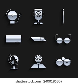 Set Eraser or rubber, Student, Ringing alarm bell, Glasses, Earth globe, Chalkboard, Pencil with eraser and  icon. Vector