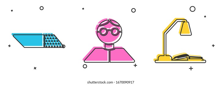 Set Eraser or rubber, Student and Workplace with table lamp and open book icon. Vector