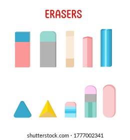 Set of erasers of different color and shape. Flat vector illustration on white background.