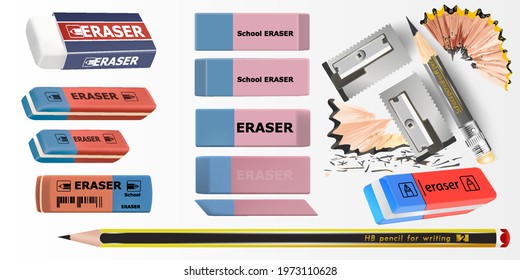 Set of erasers of different color and shape. Flat vector illustration on white background. Blue Orange Rubber Eraser Realistic Vector.
