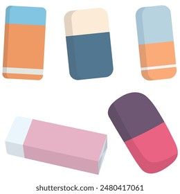 Set of erasers of different color and shape isolated on white background.