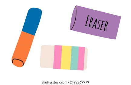 Set of erasers of different color and shape isolated on white background. Vector flat illustration for school or office tool and accessories .