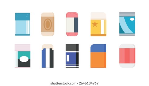 Conjunto de borrachas ou borrachas com estilo plano em várias formas e cores isoladas no fundo branco