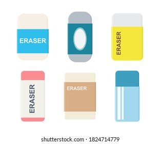 Set of erasers with wrapping sliding sleeve. School and office supplies collection. Flat vector illustration isolated on white background 