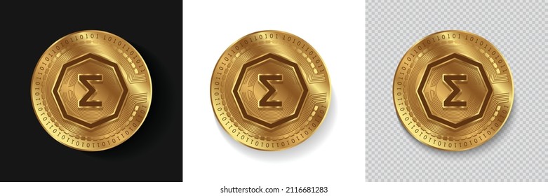 Set of Ergo ERG cryptocurrency logo in golden coins vector illustration isolated in white, dark and transparent background. Can be used as crypto label,sticker, icon, badge, emblem and print design.