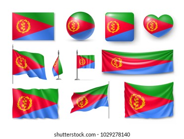Set Eritrea flags, banners, banners, symbols, realistic icon. Vector illustration of collection of national symbols on various objects and state signs