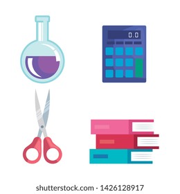 set of erlenmeyer flask with calculator and scissors and books