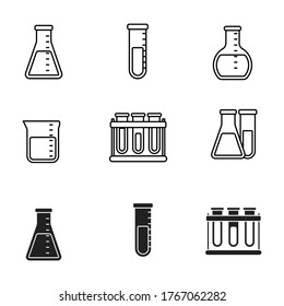 Set of erlenmeyer flask and laboratory tube icons draw with line and black design isolated on white background 