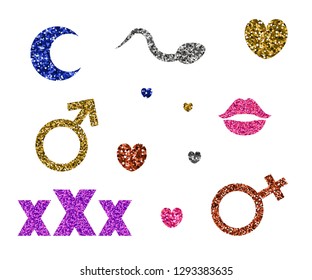 Set of erotic icons. Vector illustration. Sequins and spangle. Abstract sexual symbols. XXX, moon, lips heart sperm