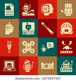 Set Error in robot, Robotic arm on factory, vacuum cleaner, Humanoid, Smart glasses, Technical specification and Screwdriver icon. Vector