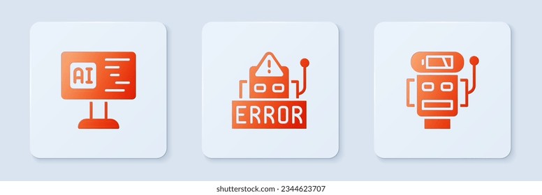 Set Error in robot, Software and Robot low battery charge. White square button. Vector