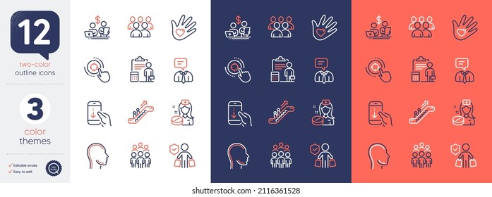 Set of Escalator, Accounting and Group people line icons. Include Support service, Group, Social responsibility icons. Nurse, Scroll down, Seo target web elements. Head. Bicolor outline icon. Vector