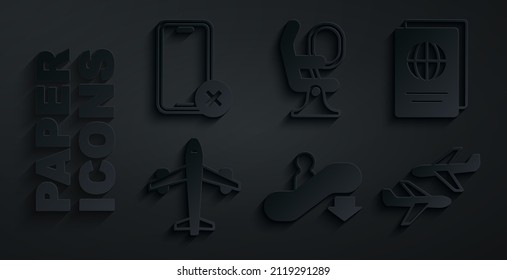 Set Escalator down, Passport, Plane, Airplane seat and No cell phone icon. Vector