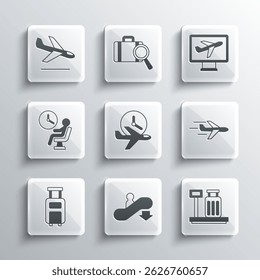 Set Escalator down, Scale with suitcase, Plane, Flight time, Suitcase, Human waiting in airport terminal, landing and  icon. Vector
