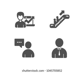 Set Of Escalator, Success Business And Users Chat Icons. Human Sign. Elevator, Growth Chart, Communication Concept. Person Profile.  Quality Design Elements. Classic Style. Vector