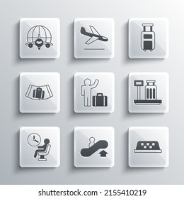 Set Escalator up, Taxi car roof, Scale with suitcase, Tourist, Human waiting in airport terminal, Conveyor belt, Globe flying plane and Suitcase icon. Vector