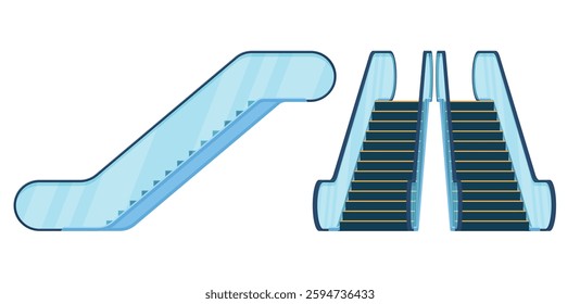 Set of escalators from front and side isolated on white background to facilitate movement between different levels in different conditions.