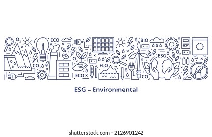 Set of ESG, ECO, BIO icons. ESG environmental criteria, the icons are at the top of the banner, the header is at the bottom. Banner. Template. Vector illustration isolated on white background.