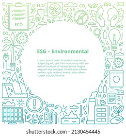 Set of ESG, ECO, BIO icons. ESG environmental criteria, icons arranged on the outside of a circle with an inscription in the center. Gradient. Vector illustration isolated on white background.