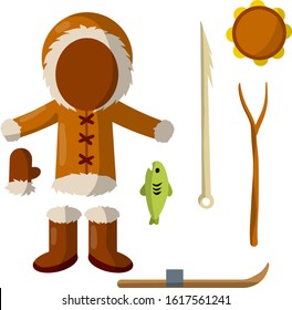 Set of eskimo and Aleutian objects. Warm clothing made of leather, boots, glove, tambourine, harpoon for hunting and fishing, fish, stick, ski. Life in Arctic and North. Cartoon flat illustration