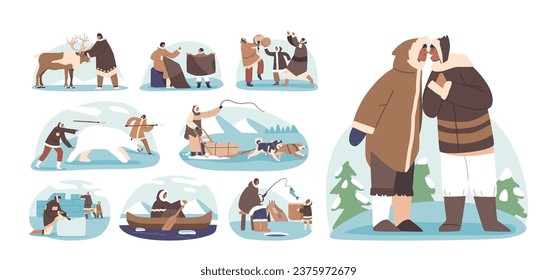 Set of Eskimo Characters Lifestyle. Inuit People Sewing Fur Clothes, Contact with Deer, Riding Boat and Dog Sled