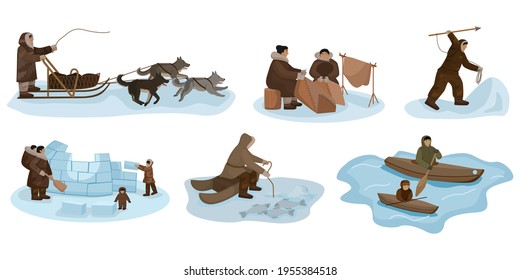 Set Eskimo isolated on white background. Different composition people, sledding, fishing, hunting, sewing, boating, igloo construction. Character design vector illustration.