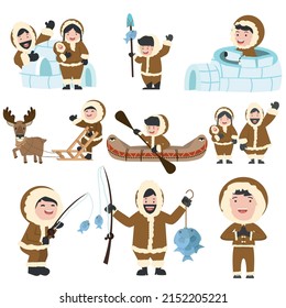 set of eskimos people family cartoon