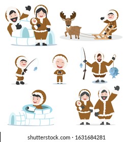 set of eskimos people family vector