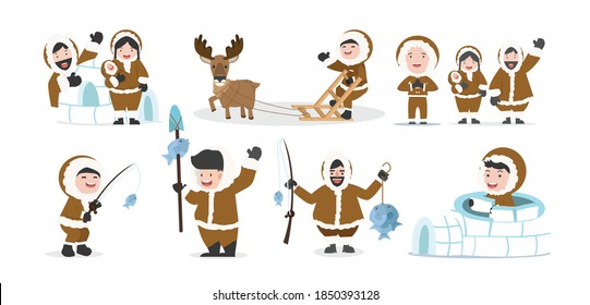 set of eskimos people family vector in flat