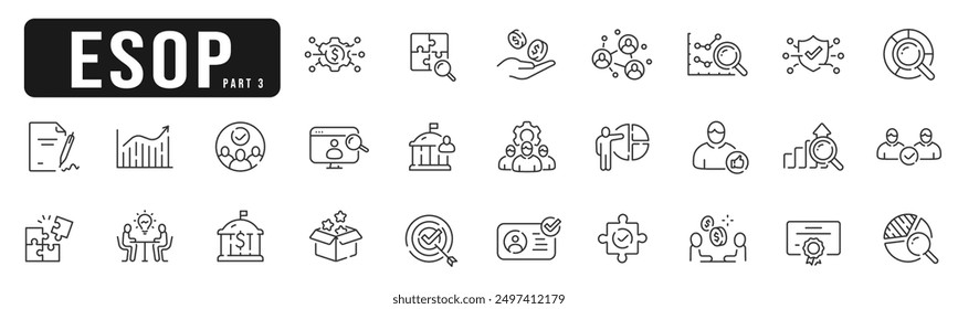 Set of ESOP related line icons. Emploee, plan, ownership, stock, profit etc. Editable stroke. Part 3