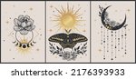 Set of esoteric alchemy mystical magic posters. Crescent, sun, stars, floral elements, moth. Spiritual talisman, occultism objects. Boho illustration, golden colors
