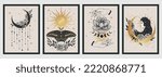 Set of esoteric alchemy mystical magic posters. Crescent, sun, stars, floral elements, moth. Spiritual talisman, occultism objects. Boho illustration, golden colors