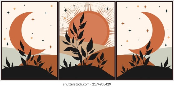 Conjunto de afiches mágicos de alquimia esotérica. Creciente, sol, estrellas, elementos florales, geometría sagrada. Talismán espiritual, objetos de ocultismo. Ilustración vectorial, colores retro