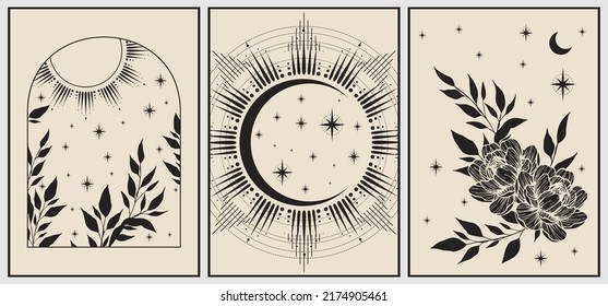 Set of esoteric alchemy mystical magic posters. Crescent, sun, stars, floral elements, sacred geometry. Spiritual talisman, occultism objects. Vector illustration, black colors