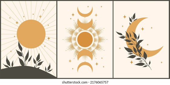 Set of esoteric alchemy mystical magic posters. Crescent, sun, stars, floral elements, sacred geometry. Spiritual talisman, occultism objects. Vector illustration, retro colors