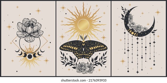 Set of esoteric alchemy mystical magic posters. Crescent, sun, stars, floral elements, moth. Spiritual talisman, occultism objects. Boho illustration, golden colors