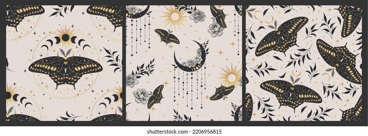 Conjunto de patrones místicos de la alquimia esotérica. Creciente, sol, estrellas, elementos florales, polilla. Talismán espiritual, objetos de ocultismo. Ilustración boho, colores dorados