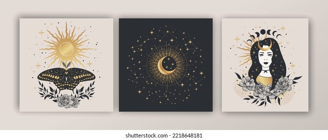 Conjunto de afiches mágicos de alquimia esotérica. Mujer, sol, luna, estrellas, mariposa, elementos florales, geometría sagrada. Talismán espiritual, objetos de ocultismo. Ilustración del vector, colores dorados