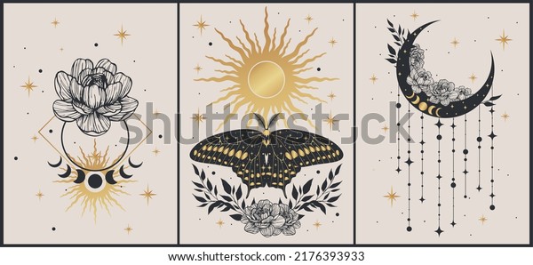 Set of esoteric alchemy\
mystical magic posters. Crescent, sun, stars, floral elements,\
moth. Spiritual talisman, occultism objects. Boho illustration,\
golden colors