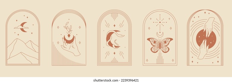 Conjunto de Logos y Marcos Esotéricos de Boho. Elementos lineales con cuerpos celestes, luna, montañas, mariposa y palmeras. Diseños para afiches. Colección vectorial plana de dibujos animados aislada en fondo beige