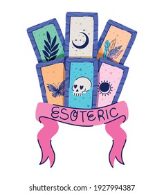 set of esoteric cards and esoteric lettering in a ribbon vector illustration design