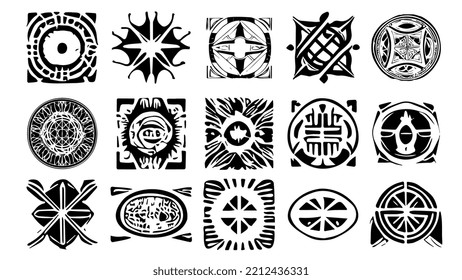 Set of esoteric design elements in grunge style. Mystical symbols with irregular shapes and rough edges. Black silhouette cliparts.