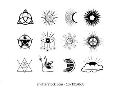 A set of esoteric elements. Tattoo alchemy and spiritual, witchcraft magician and occult.Black icons on a white background.